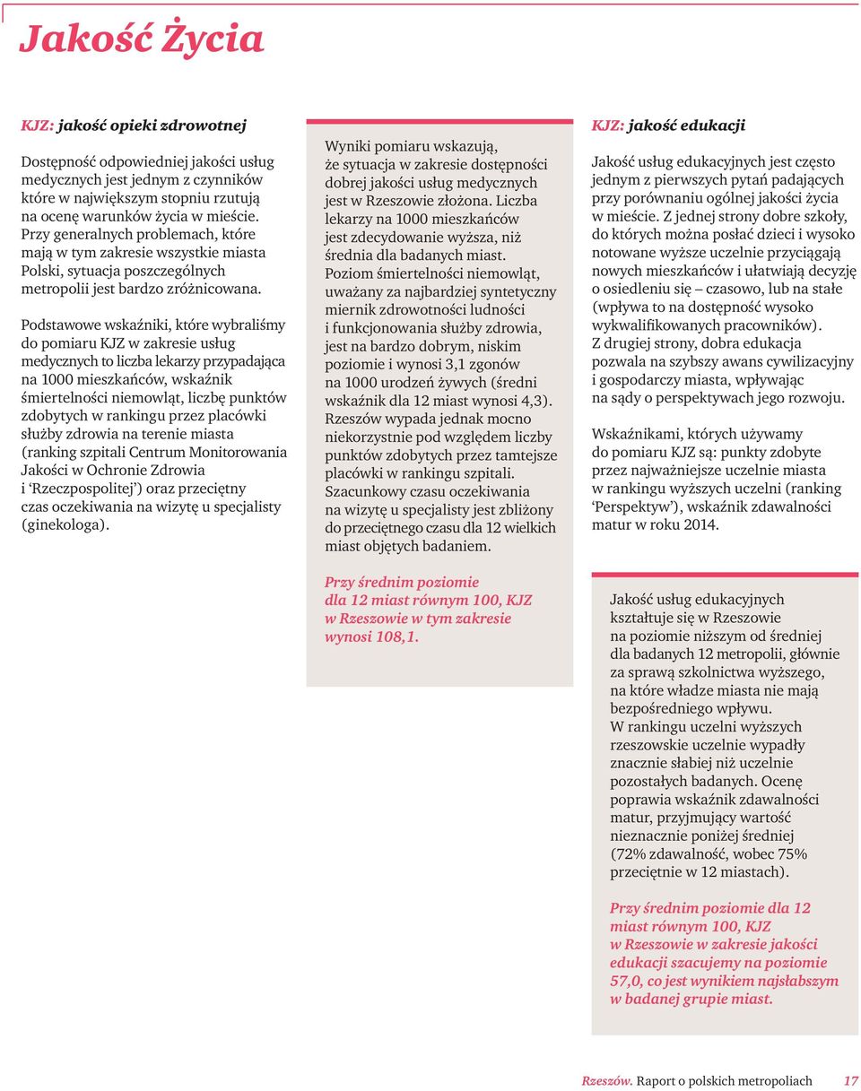 Podstawowe wskaźniki, które wybraliśmy do pomiaru KJZ w zakresie usług medycznych to liczba lekarzy przypadająca na 1000 mieszkańców, wskaźnik śmiertelności niemowląt, liczbę punktów zdobytych w