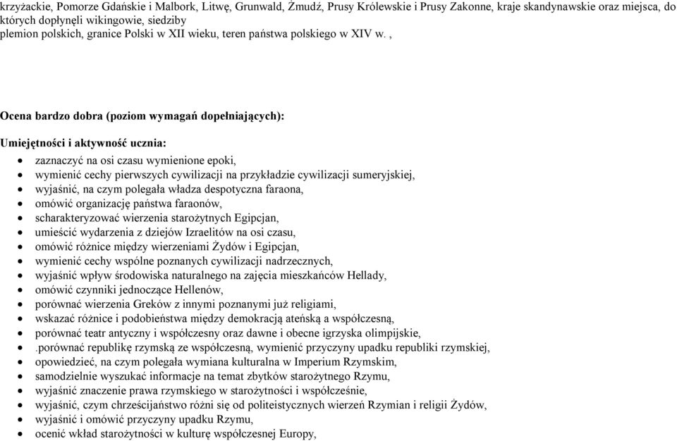 , Ocena bardzo dobra (poziom wymagań dopełniających): Umiejętności i aktywność ucznia: zaznaczyć na osi czasu wymienione epoki, wymienić cechy pierwszych cywilizacji na przykładzie cywilizacji