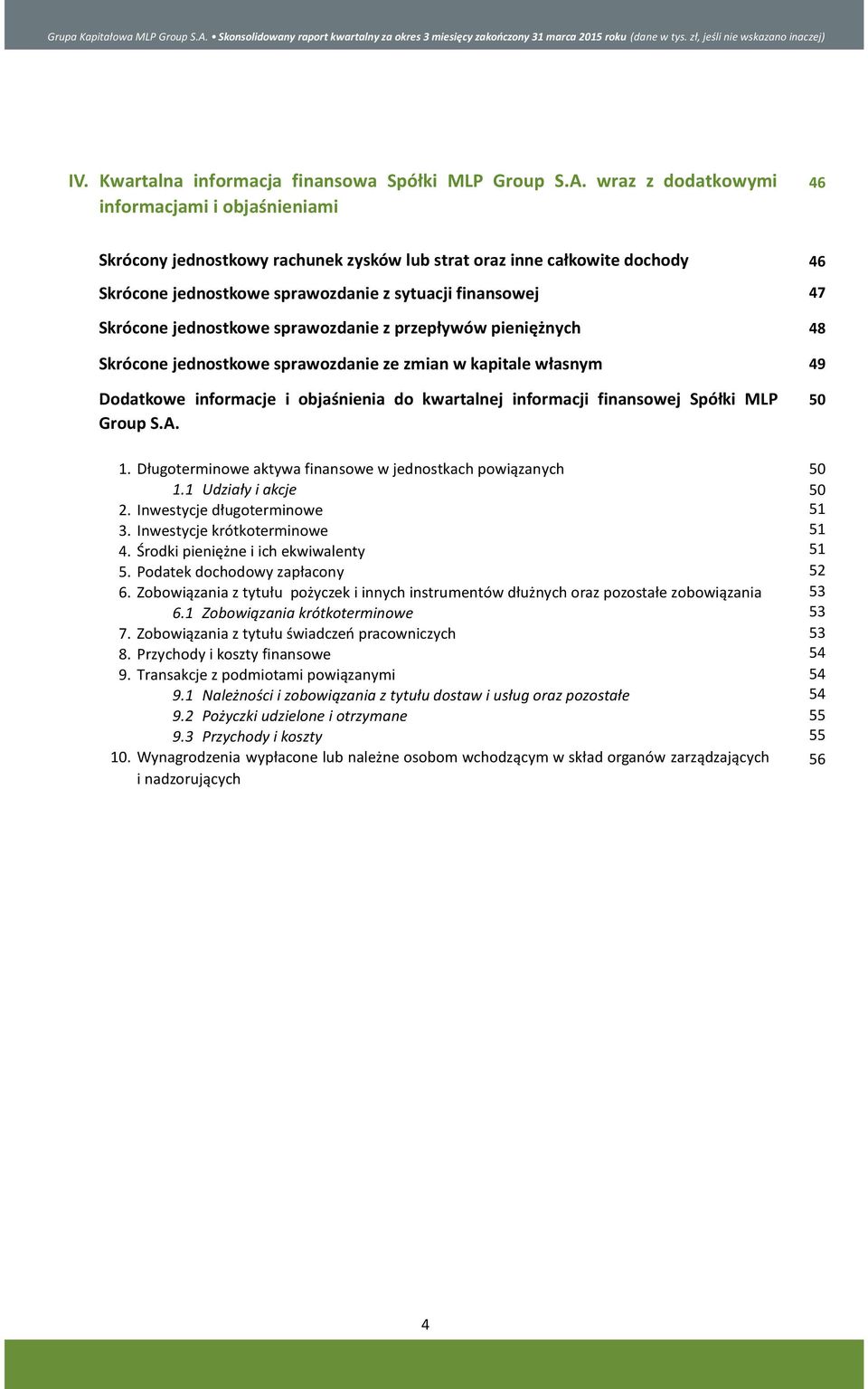 jednostkowe sprawozdanie z przepływów pieniężnych Skrócone jednostkowe sprawozdanie ze zmian w kapitale własnym Dodatkowe informacje i objaśnienia do kwartalnej informacji finansowej Spółki MLP Group