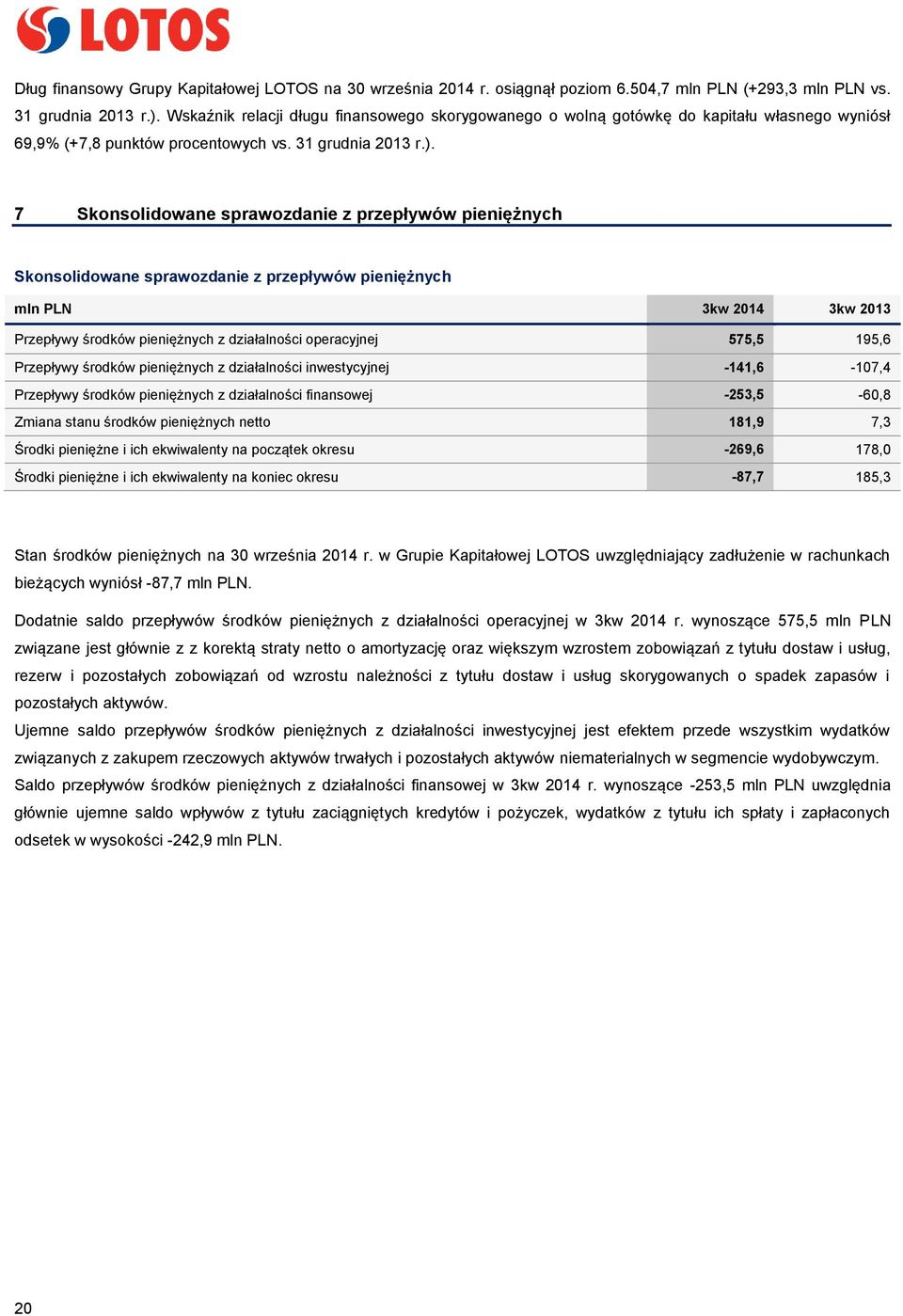 7 Skonsolidowane sprawozdanie z przepływów pieniężnych Skonsolidowane sprawozdanie z przepływów pieniężnych mln PLN 3kw 2014 3kw 2013 Przepływy środków pieniężnych z działalności operacyjnej 575,5