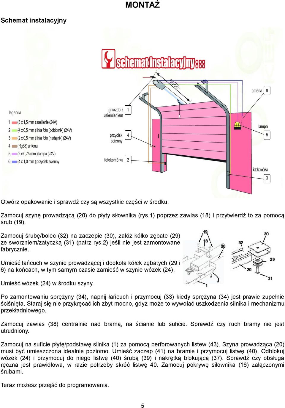 2) jeśli nie jest zamontowane fabrycznie. Umieść łańcuch w szynie prowadzącej i dookoła kółek zębatych (29 i 6) na końcach, w tym samym czasie zamieść w szynie wózek (24).