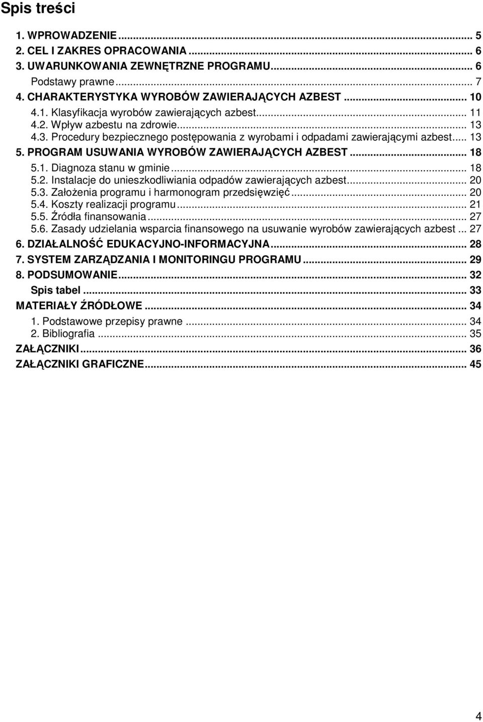 .. 18 5.2. Instalacje do unieszkodliwiania odpadów zawierających azbest... 20 5.3. ZałoŜenia programu i harmonogram przedsięwzięć... 20 5.4. Koszty realizacji programu... 21 5.5. Źródła finansowania.