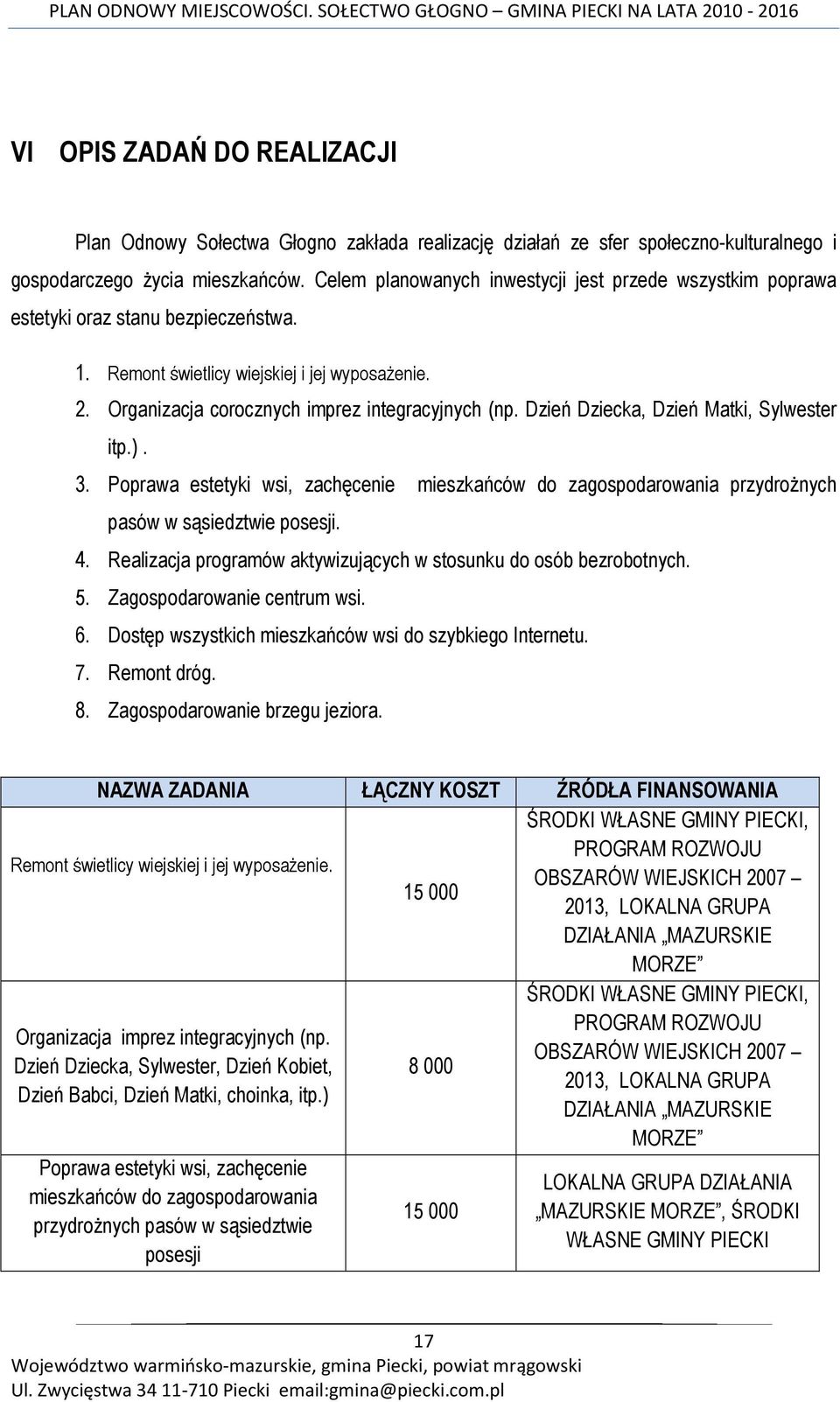 Dzień Dziecka, Dzień Matki, Sylwester itp.). 3. Poprawa estetyki wsi, zachęcenie mieszkańców do zagospodarowania przydroŝnych pasów w sąsiedztwie posesji. 4.