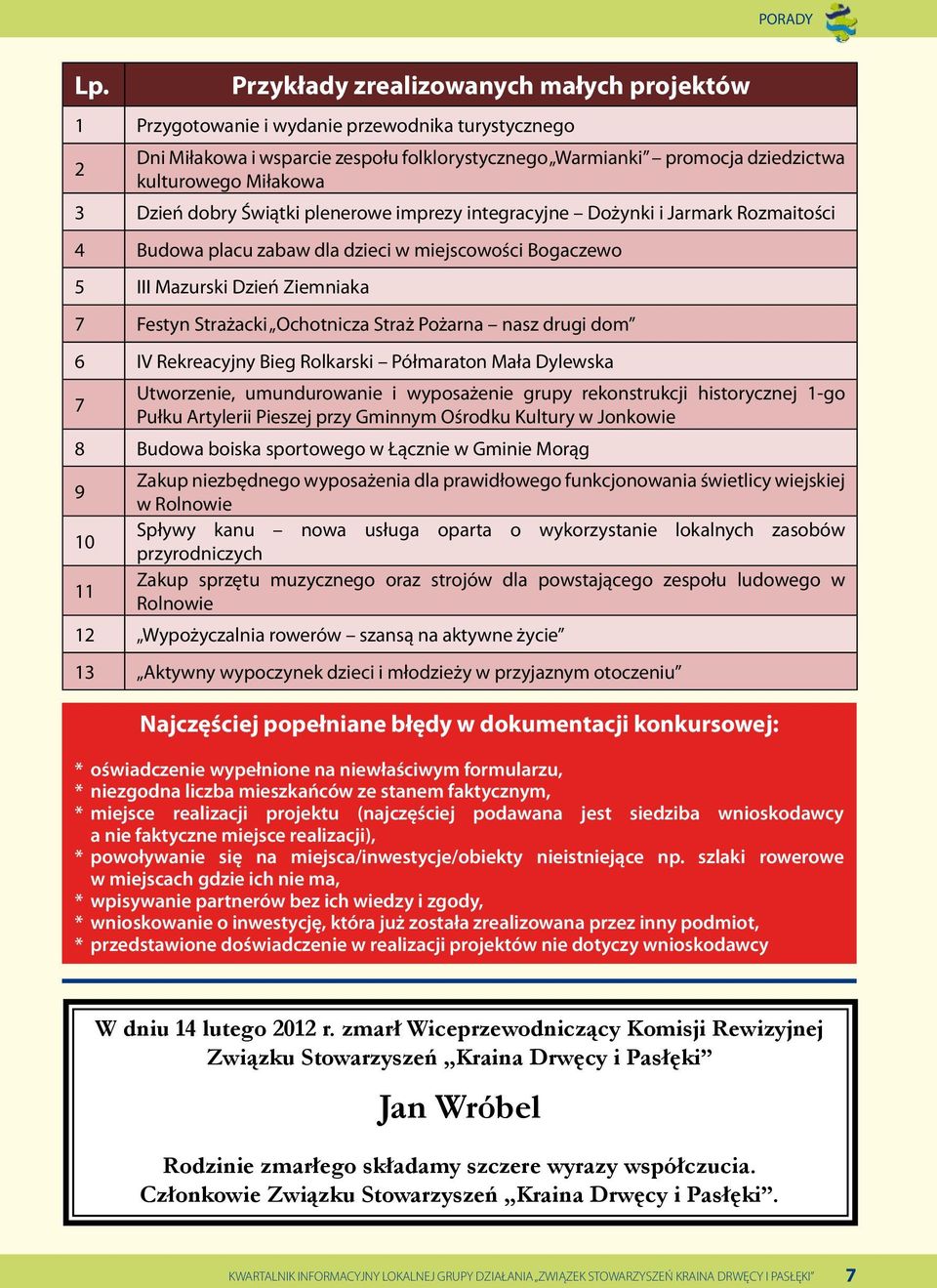 Dzień dobry Świątki plenerowe imprezy integracyjne Dożynki i Jarmark Rozmaitości 4 Budowa placu zabaw dla dzieci w miejscowości Bogaczewo 5 III Mazurski Dzień Ziemniaka 7 Festyn Strażacki Ochotnicza