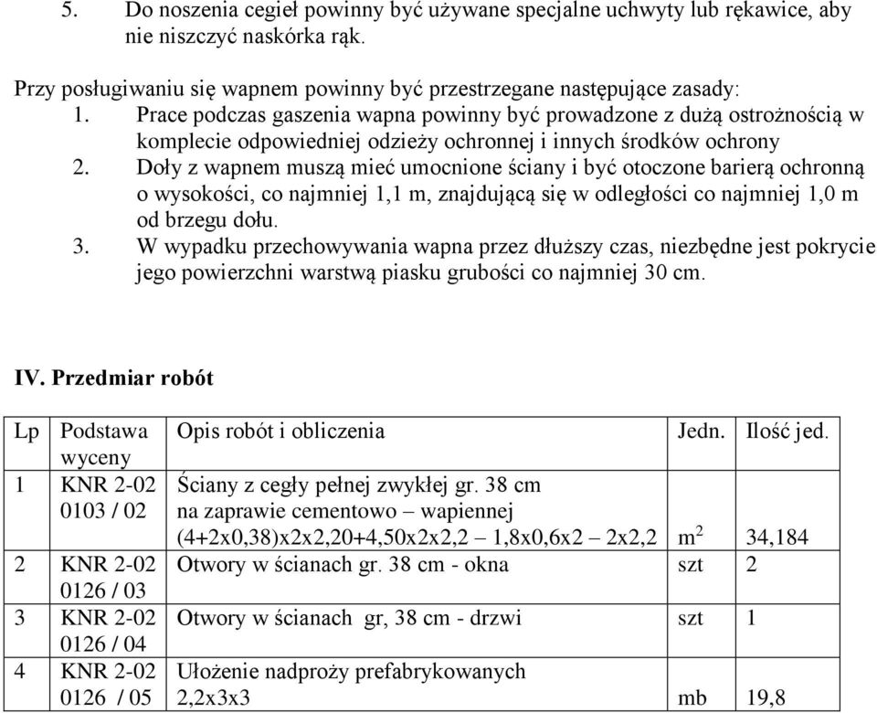 Doły z wapnem muszą mieć umocnione ściany i być otoczone barierą ochronną o wysokości, co najmniej 1,1 m, znajdującą się w odległości co najmniej 1,0 m od brzegu dołu. 3.