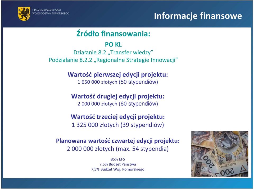 2 Regionalne Strategie Innowacji Wartość pierwszej edycji projektu: 1 650 000 złotych (50 stypendiów) Wartość drugiej