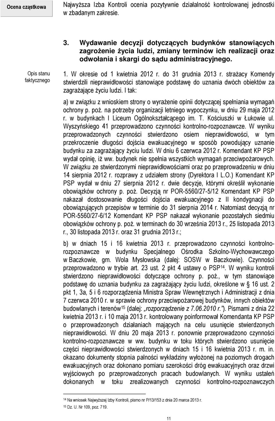 W okresie od 1 kwietnia 2012 r. do 31 grudnia 2013 r. strażacy Komendy stwierdzili nieprawidłowości stanowiące podstawę do uznania dwóch obiektów za zagrażające życiu ludzi.