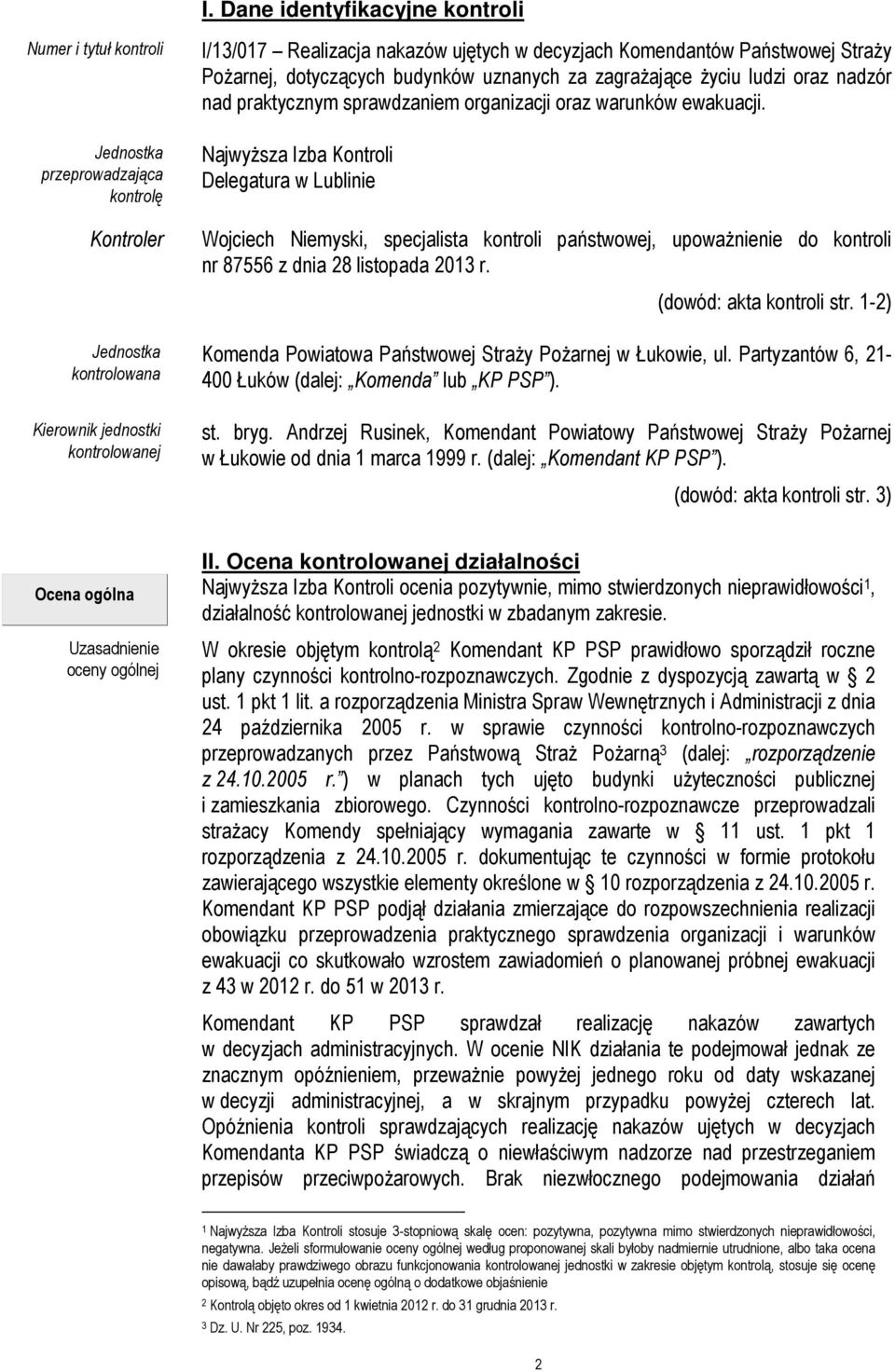 Najwyższa Izba Kontroli Delegatura w Lublinie Wojciech Niemyski, specjalista kontroli państwowej, upoważnienie do kontroli nr 87556 z dnia 28 listopada 2013 r. (dowód: akta kontroli str.