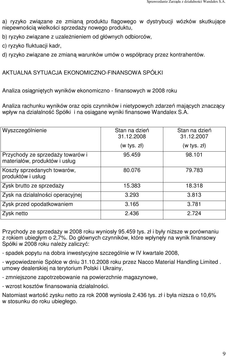 AKTUALNA SYTUACJA EKONOMICZNO-FINANSOWA SPÓŁKI Analiza osiągniętych wyników ekonomiczno - finansowych w 2008 roku Analiza rachunku wyników oraz opis czynników i nietypowych zdarzeń mających znaczący
