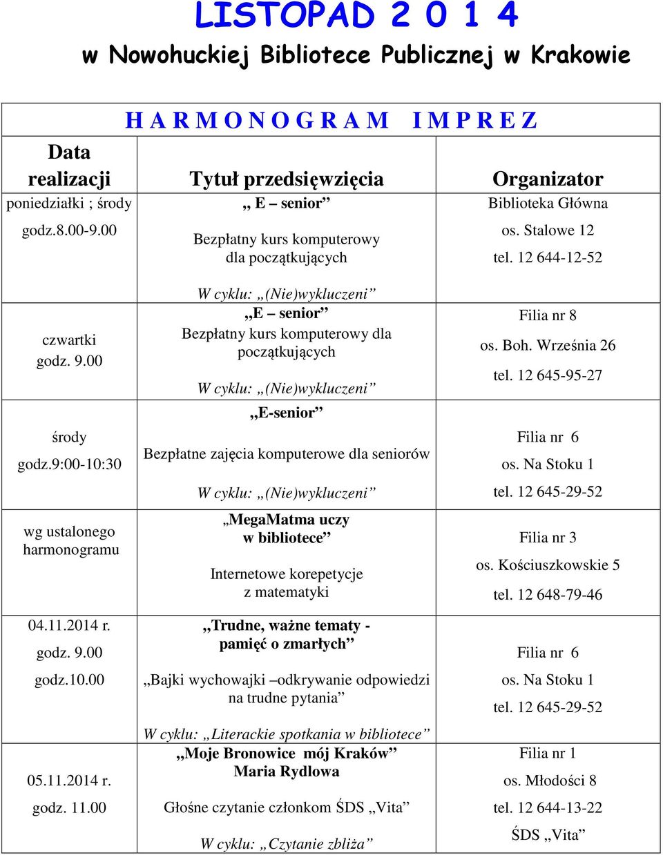 00 E senior Bezpłatny kurs komputerowy dla początkujących E-senior Bezpłatne zajęcia komputerowe dla seniorów MegaMatma uczy w bibliotece Internetowe korepetycje z matematyki Trudne, ważne tematy -