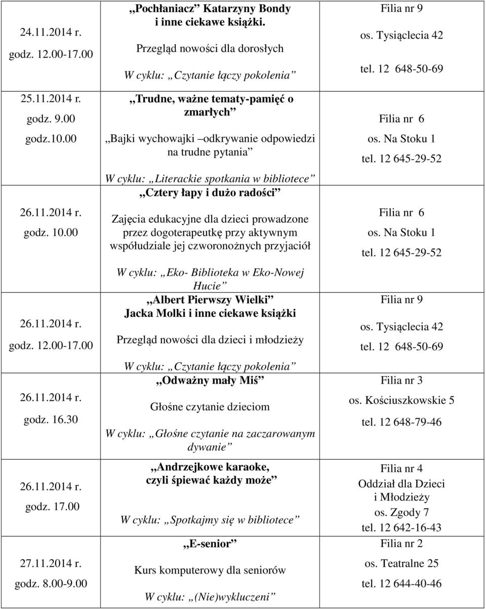 aktywnym współudziale jej czworonożnych przyjaciół W cyklu: Eko- Biblioteka w Eko-Nowej Hucie Albert Pierwszy Wielki Jacka Molki i inne ciekawe książki Przegląd nowości dla dzieci i młodzieży W