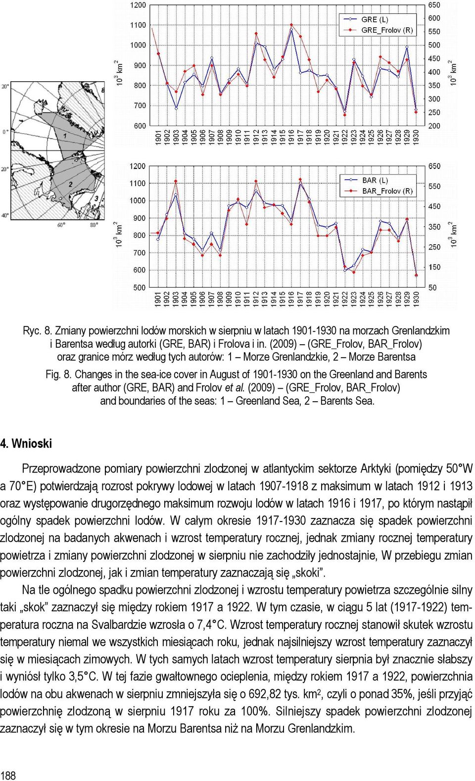 Changes in the sea-ice cover in August of 1901-1930 on the Greenland and Barents after author (GRE, BAR) and Frolov et al.