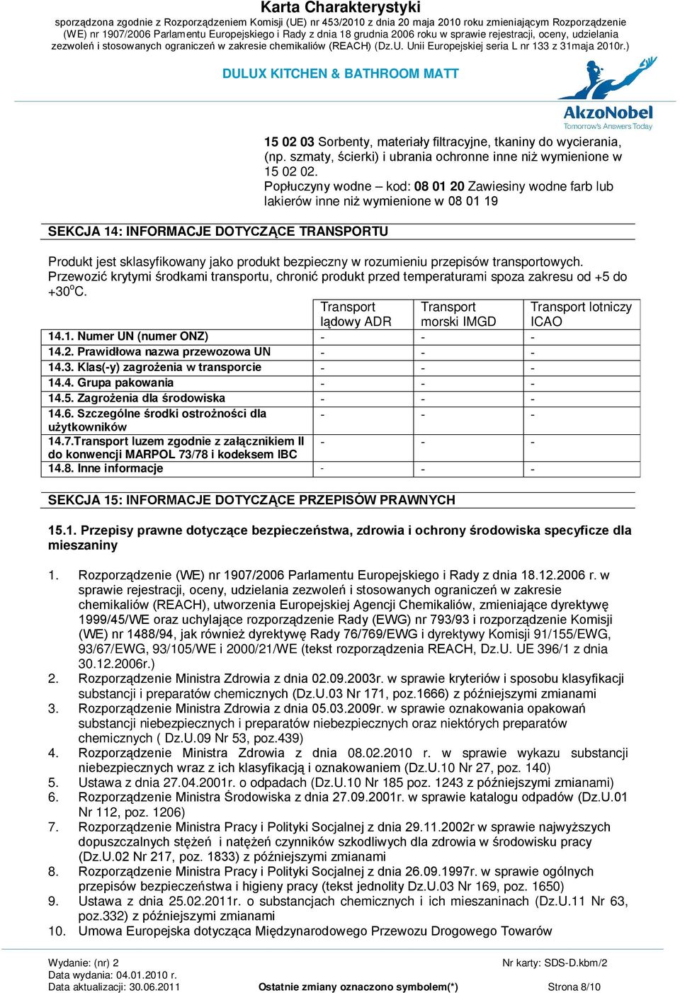 Przewozić krytymi środkami transportu, chronić produkt przed temperaturami spoza zakresu od +5 do +30 o C. Transport lądowy ADR Transport morski IMGD 14.1. Numer UN (numer ONZ) - - - 14.2.