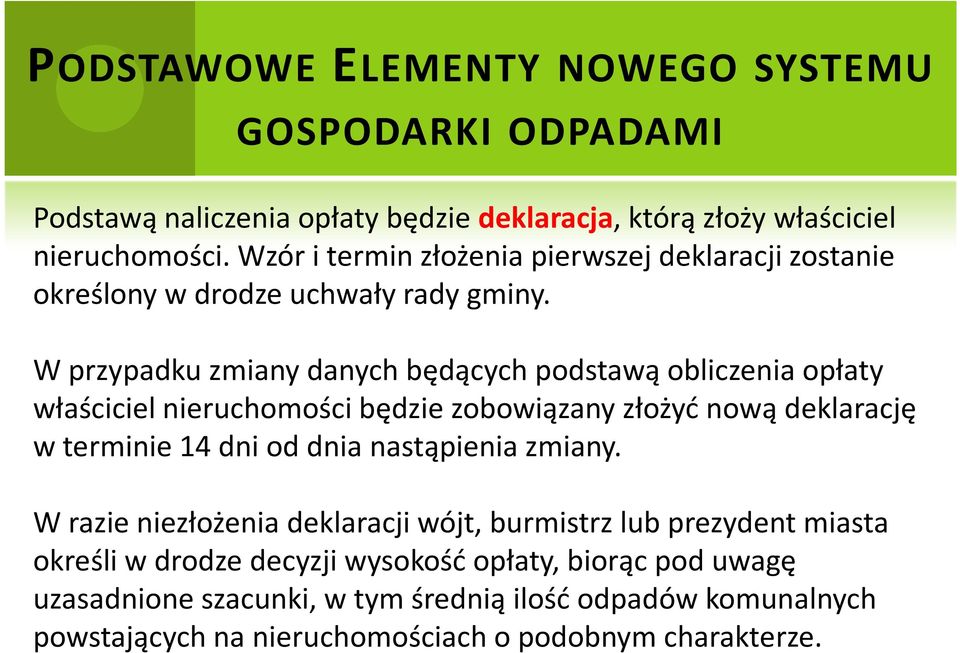 W przypadku zmiany danych będących podstawą obliczenia opłaty właściciel nieruchomości będzie zobowiązany złożyć nową deklarację w terminie 14 dni od dnia