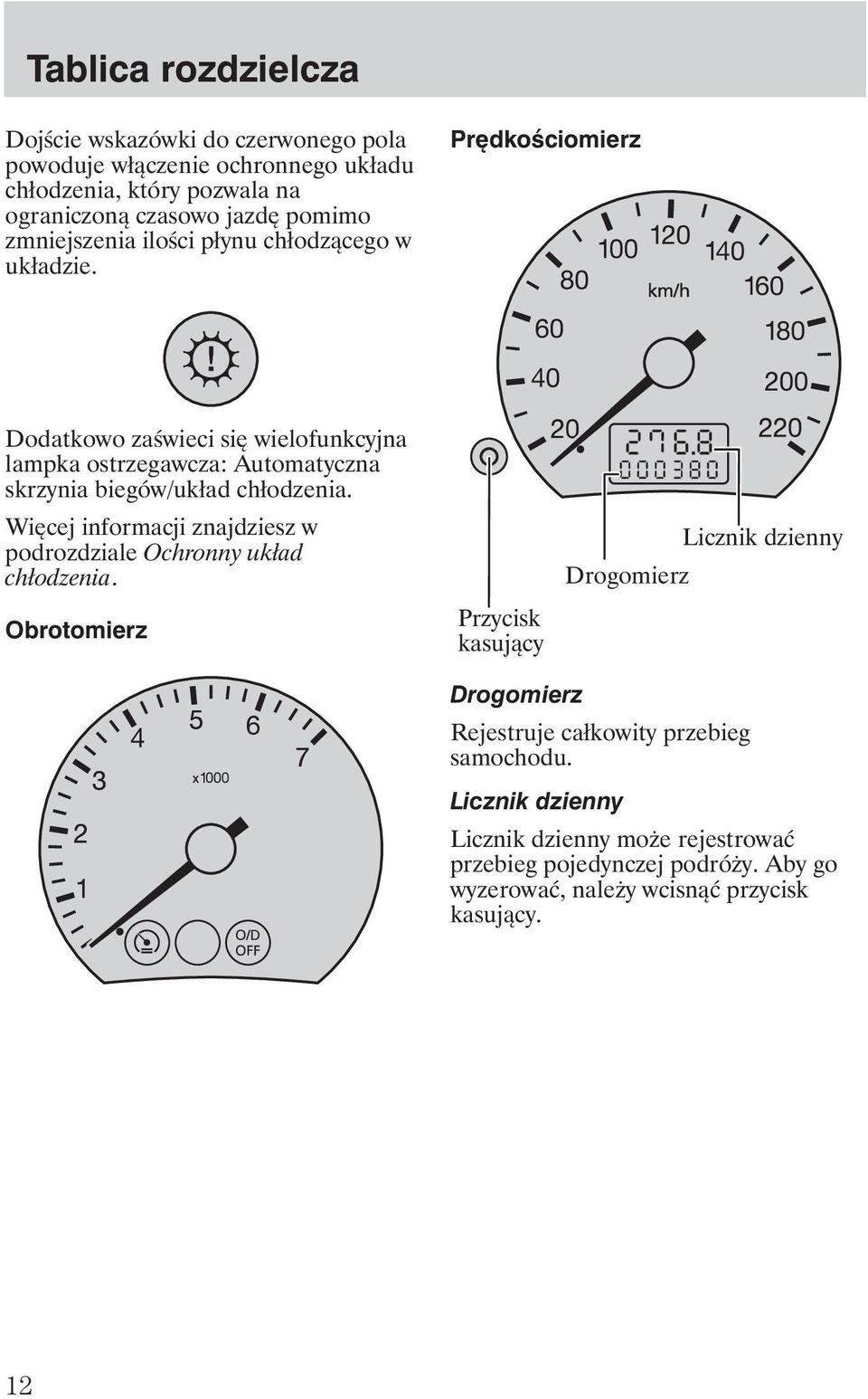Prędkościomierz Dodatkowo zaświeci się wielofunkcyjna lampka ostrzegawcza: Automatyczna skrzynia biegów/układ chłodzenia.