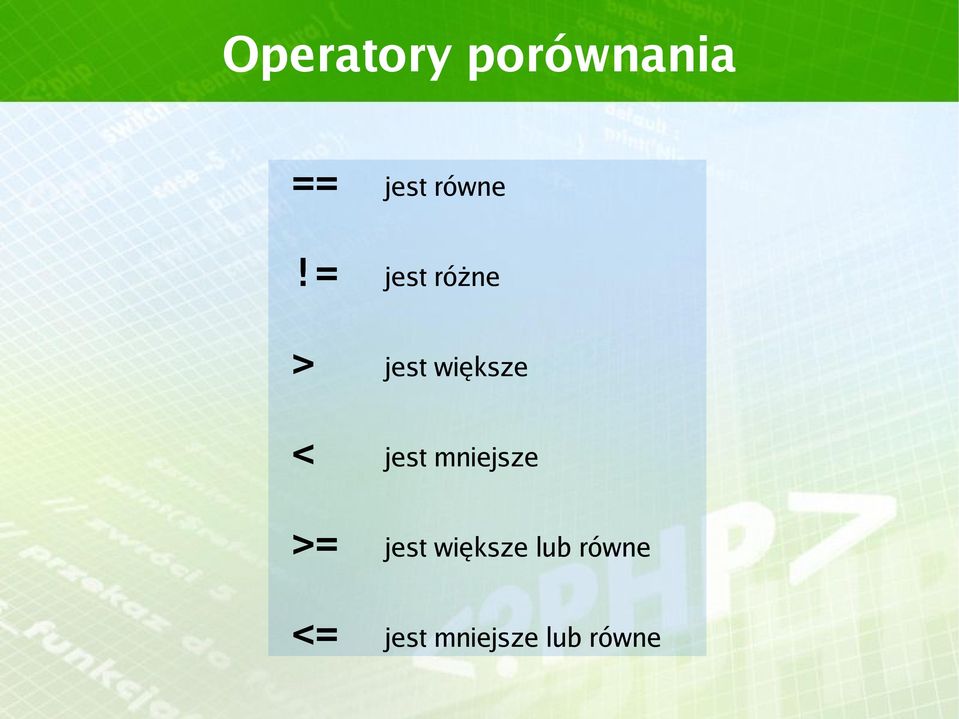 = jest różne > jest większe <