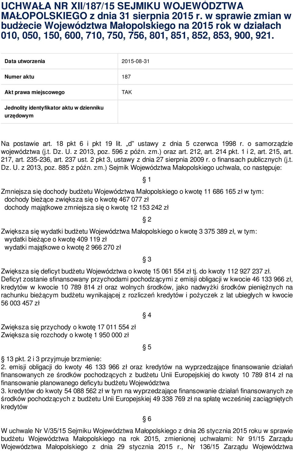 Data utworzenia 2015-08-31 Numer aktu 187 Akt prawa miejscowego TAK Jednolity identyfikator aktu w dzienniku urzędowym Na postawie art. 18 pkt 6 i pkt 19 lit. d ustawy z dnia 5 czerwca 1998 r.