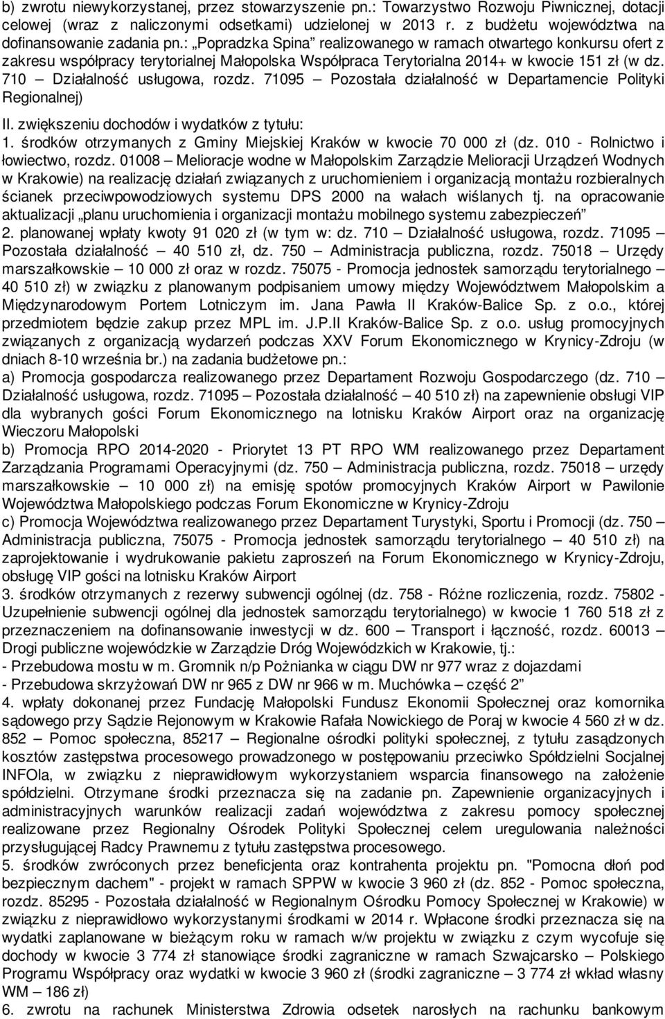 : Popradzka Spina realizowanego w ramach otwartego konkursu ofert z zakresu współpracy terytorialnej Małopolska Współpraca Terytorialna 2014+ w kwocie 151 zł (w dz. 710 Działalność usługowa, rozdz.