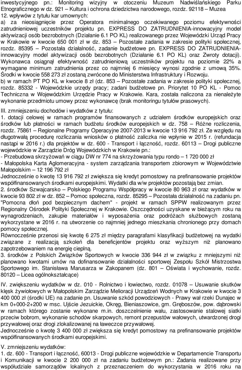 EXPRESS DO ZATRUDNIENIA-innowacyjny model aktywizacji osób bezrobotnych (Działanie 6.1 PO KL) realizowanego przez Wojewódzki Urząd Pracy w Krakowie w kwocie 650 001 zł w dz.