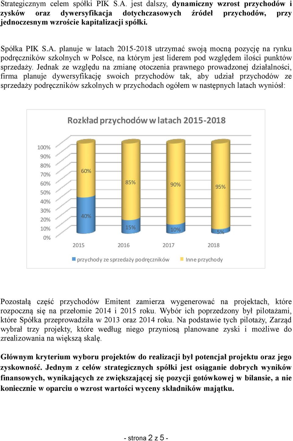 Jednak ze względu na zmianę otoczenia prawnego prowadzonej działalności, firma planuje dywersyfikację swoich przychodów tak, aby udział przychodów ze sprzedaży podręczników szkolnych w przychodach