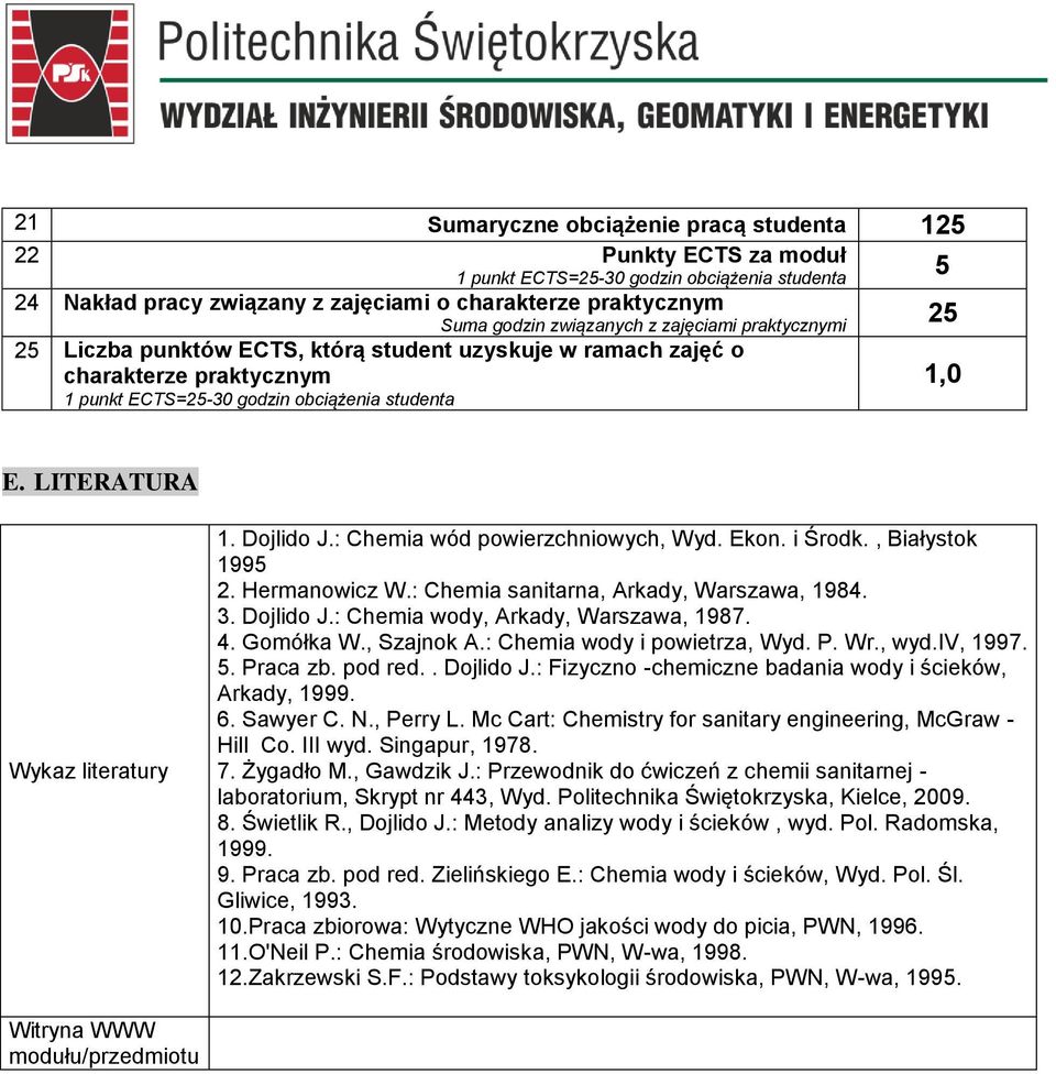 Dojlido J.: Chemia ód poierzchnioych, Wyd. Ekon. i Środk., Białystok 1995 2. Hermanoicz W.: Chemia sanitarna, Arkady, Warszaa, 1984. 3. Dojlido J.: Chemia ody, Arkady, Warszaa, 1987. 4. Gomółka W.