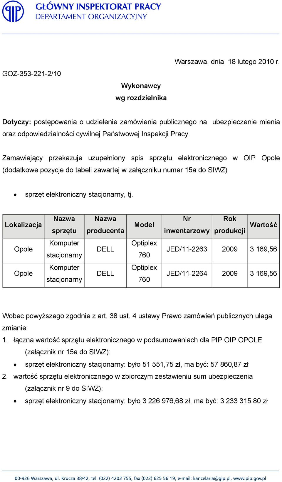 Zamawiający przekazuje uzupełniony spis sprzętu elektronicznego w OIP Opole (dodatkowe pozycje do tabeli zawartej w załączniku numer 15a do SIWZ) sprzęt elektroniczny stacjonarny, tj.