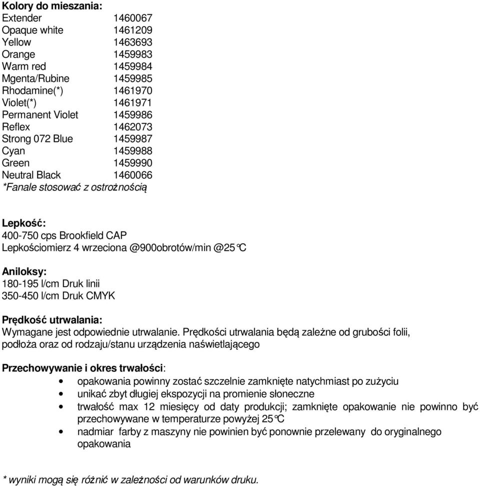 Aniloksy: 180-195 l/cm Druk linii 350-450 l/cm Druk CMYK Prędkość utrwalania: Wymagane jest odpowiednie utrwalanie.