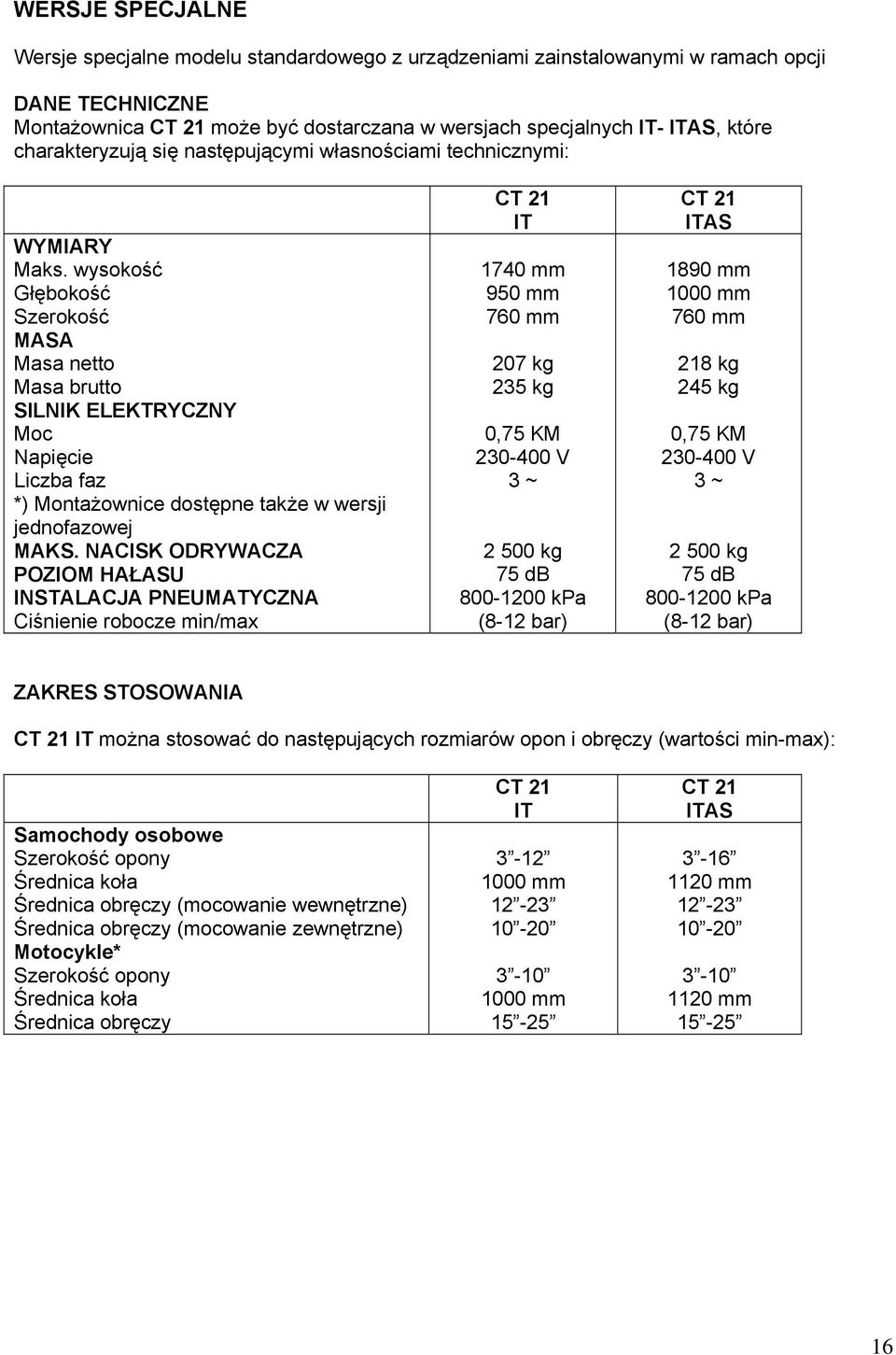wysokość Głębokość Szerokość MASA Masa netto Masa brutto SILNIK ELEKTRYCZNY Moc Napięcie Liczba faz *) Montażownice dostępne także w wersji jednofazowej MAKS.