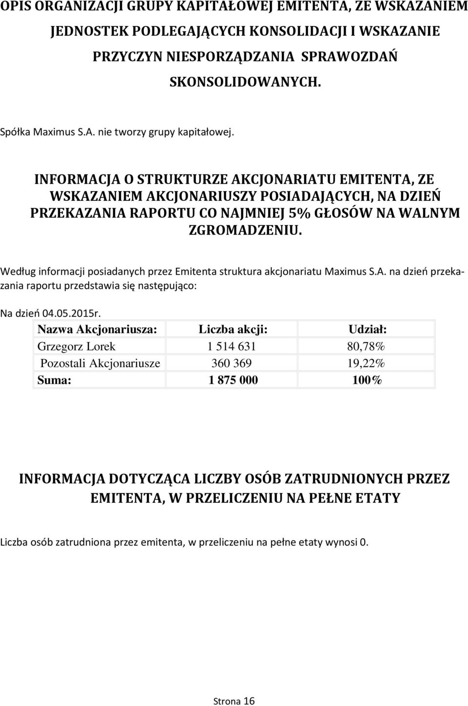 Według informacji posiadanych przez Emitenta struktura akcjonariatu Maximus S.A. na dzień przekazania raportu przedstawia się następująco: Na dzień 04.05.2015r.