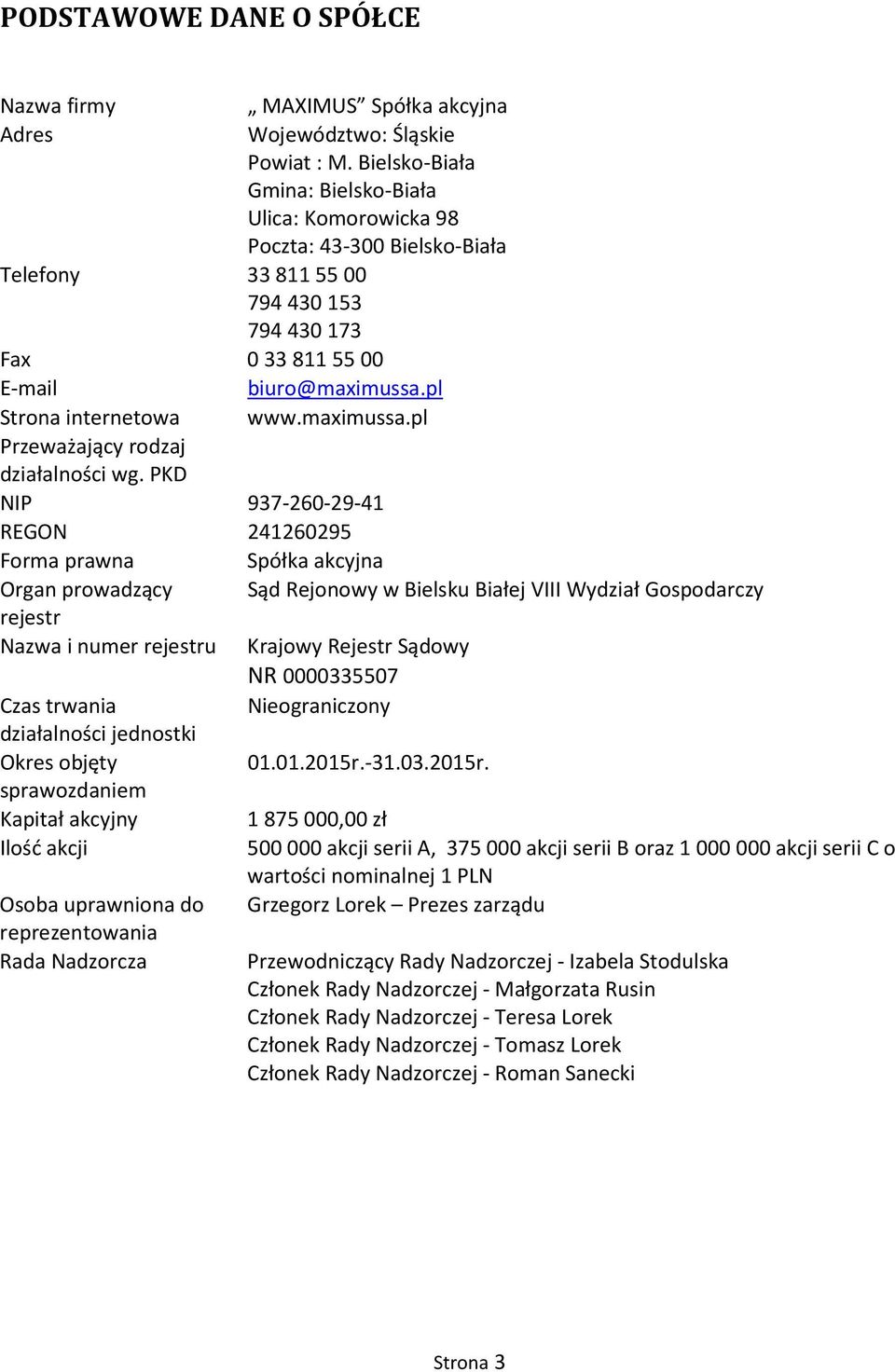 PKD NIP 9372602941 REGON 241260295 Forma prawna Spółka akcyjna Organ prowadzący Sąd Rejonowy w Bielsku Białej VIII Wydział Gospodarczy rejestr Nazwa i numer rejestru Krajowy Rejestr Sądowy NR