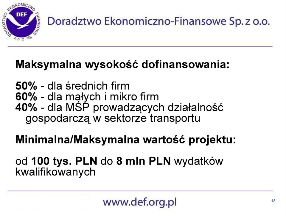 gospodarczą w sektorze transportu Minimalna/Maksymalna wartość