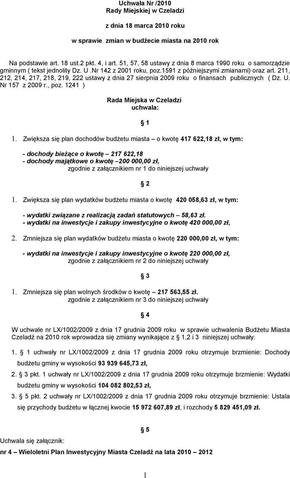 211, 212, 214, 217, 218, 219, 222 ustawy z dnia 27 sierpnia 29 roku o finansach publicznych ( Dz. U. Nr 157 z 29 r., poz. 1241 ) Rada Miejska w Czeladzi uchwala: 1.