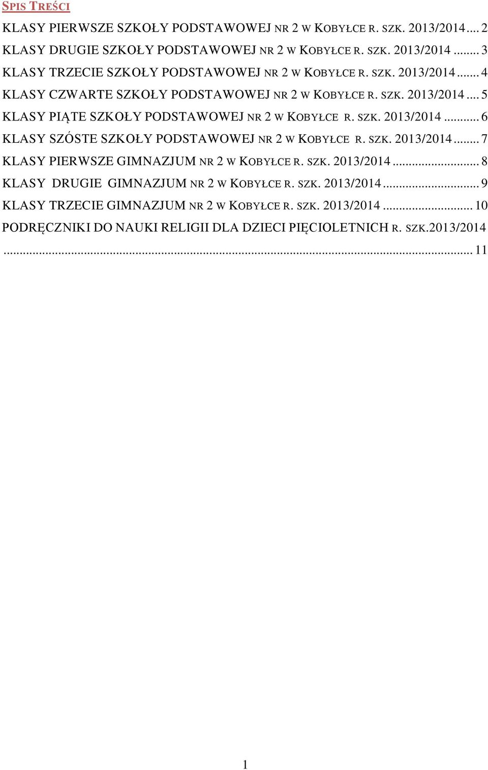 SZK. 2013/2014... 7 KLASY PIERWSZE GIMNAZJUM NR 2 W KOBYŁCE R. SZK. 2013/2014... 8 KLASY DRUGIE GIMNAZJUM NR 2 W KOBYŁCE R. SZK. 2013/2014... 9 KLASY TRZECIE GIMNAZJUM NR 2 W KOBYŁCE R.
