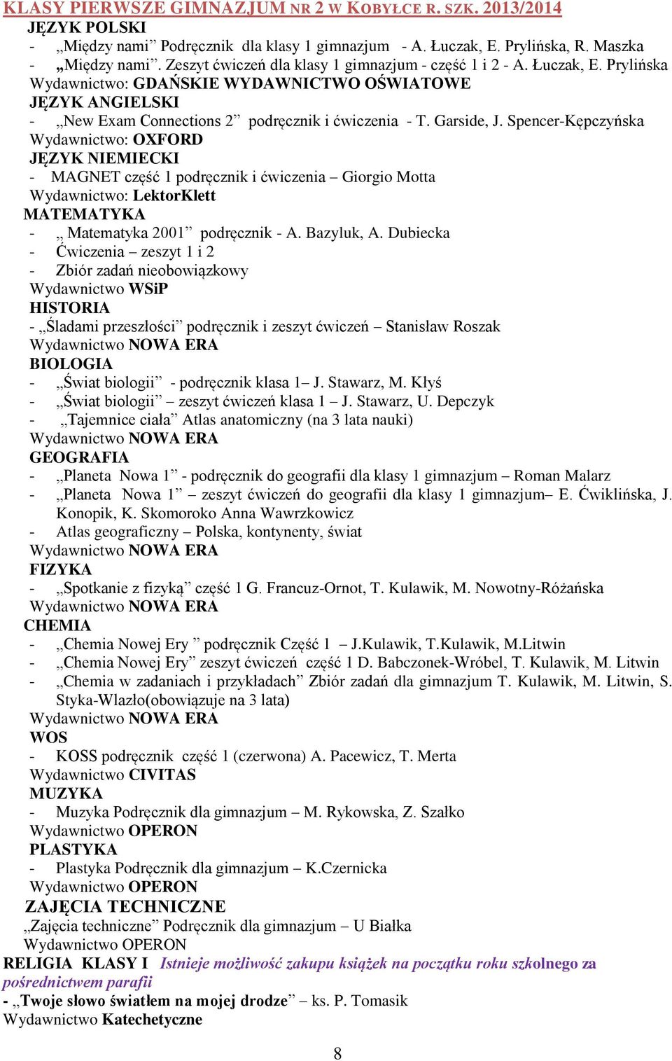 Spencer-Kępczyńska Wydawnictwo: OXFORD JĘZYK NIEMIECKI - MAGNET część 1 podręcznik i ćwiczenia Giorgio Motta Wydawnictwo: LektorKlett - Matematyka 2001 podręcznik - A. Bazyluk, A.