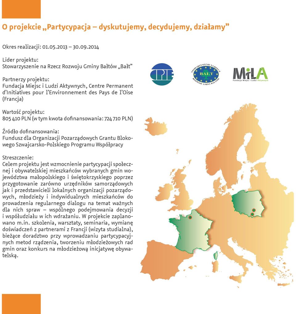 (Francja) Wartość projektu: 805 410 PLN (w tym kwota dofinansowania: 724 710 PLN) Źródło dofinansowania: Fundusz dla Organizacji Pozarządowych Grantu Blokowego Szwajcarsko-Polskiego Programu