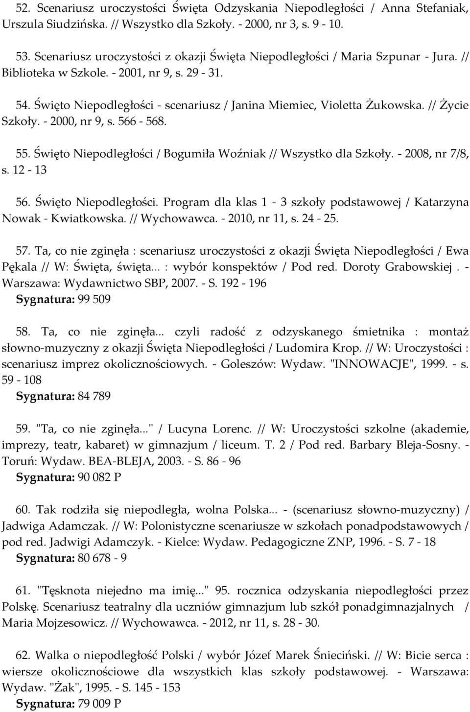 Święto Niepodległości - scenariusz / Janina Miemiec, Violetta Żukowska. // Życie Szkoły. - 2000, nr 9, s. 566-568. 55. Święto Niepodległości / Bogumiła Woźniak // Wszystko dla Szkoły.