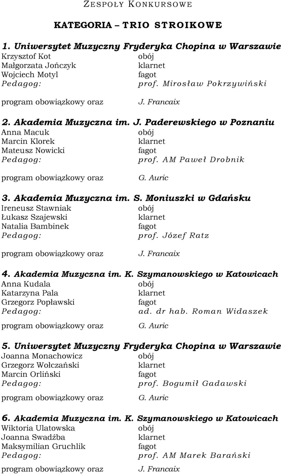 Moniuszki w Gdańsku Ireneusz Stawniak Łukasz Szajewski Natalia Bambinek prof. Józef Ratz J. Francaix 4. Akademia Muzyczna im. K.