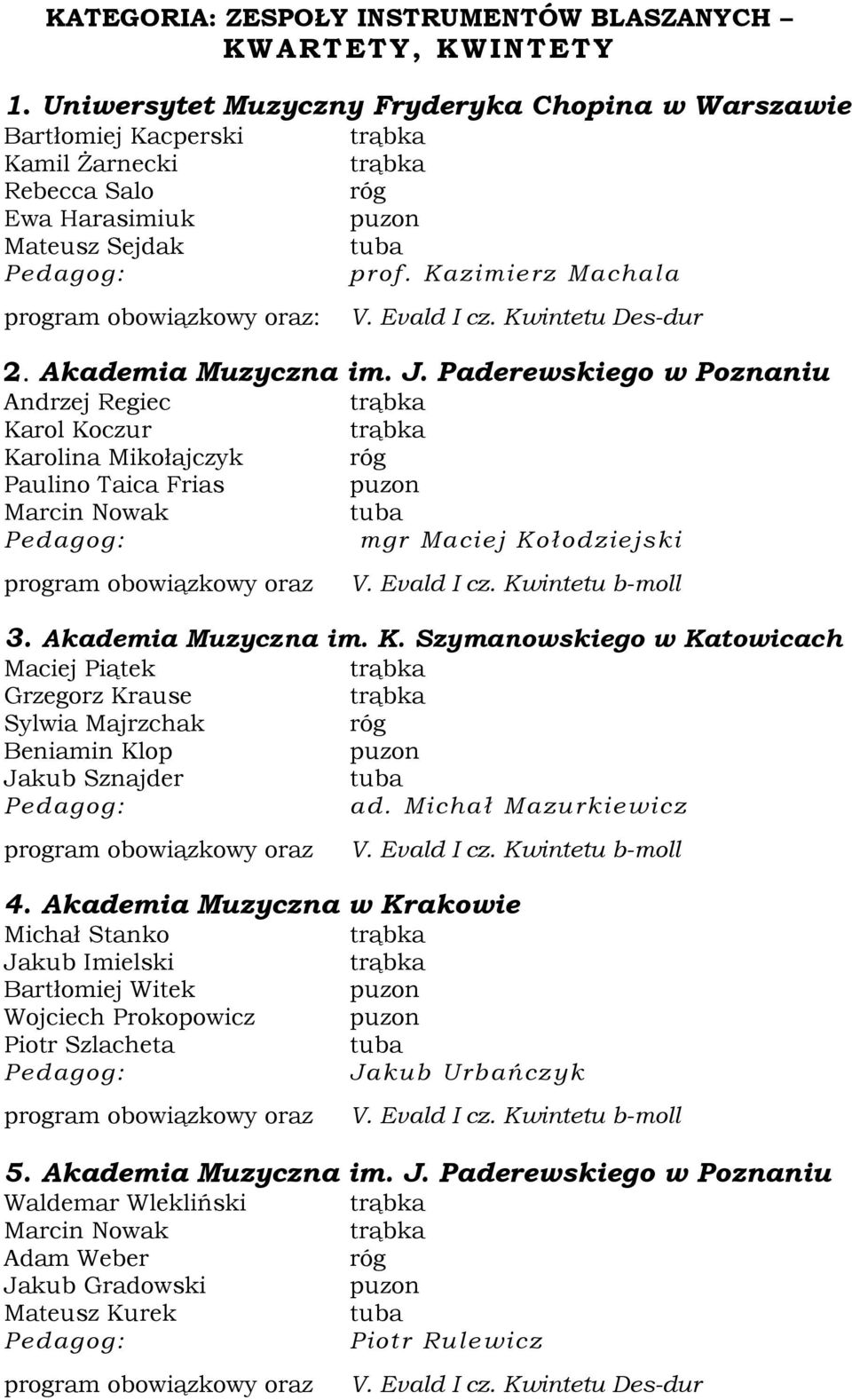 Akademia Muzyczna im. J. Paderewskiego w Poznaniu Andrzej Regiec Karol Koczur Karolina Mikołajczyk Paulino Taica Frias Marcin Nowak mgr Maciej Kołodziejski V. Evald I cz. Kwintetu b-moll 3.