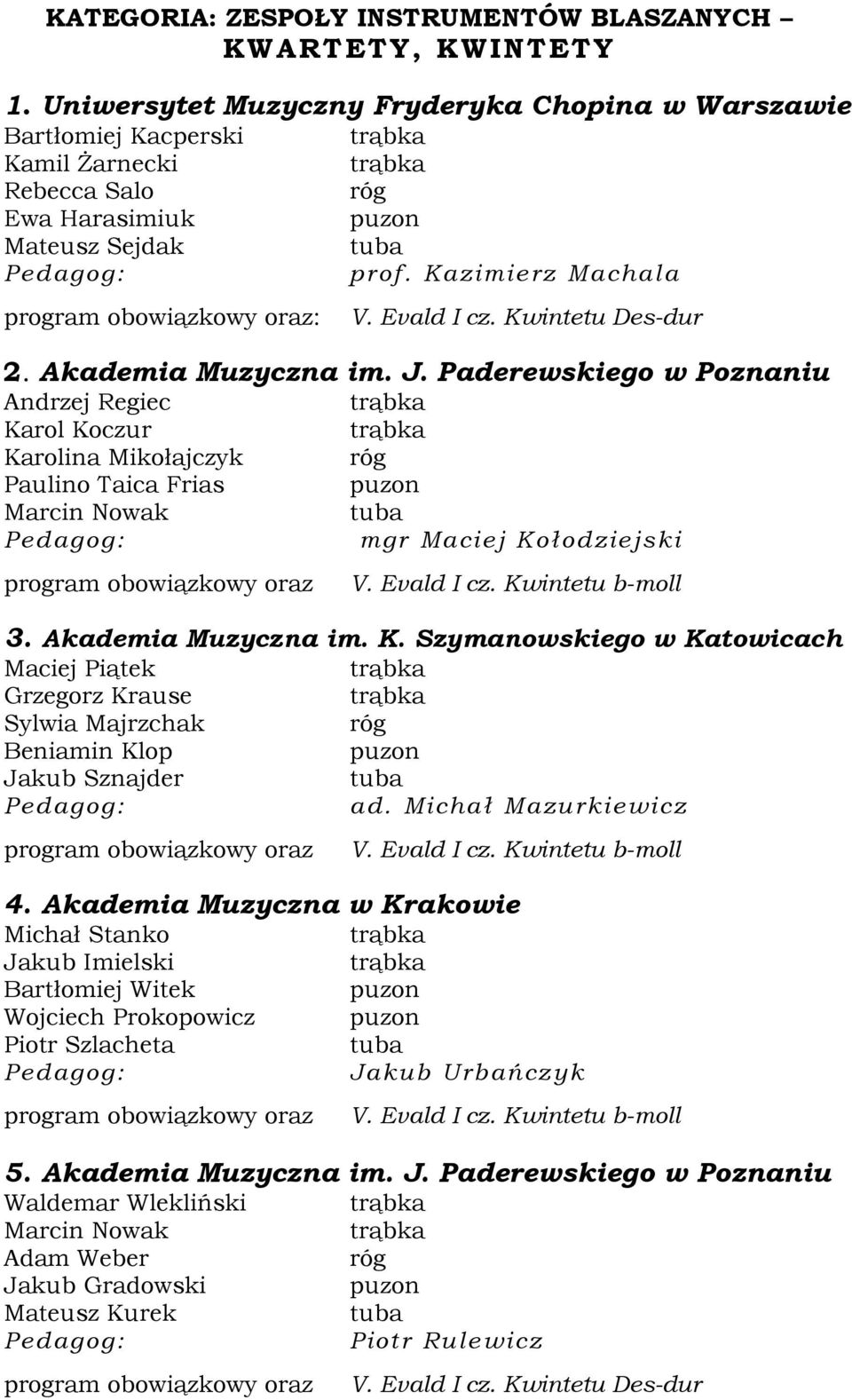 Akademia Muzyczna im. J. Paderewskiego w Poznaniu Andrzej Regiec Karol Koczur Karolina Mikołajczyk Paulino Taica Frias Marcin Nowak mgr Maciej Kołodziejski V. Evald I cz. Kwintetu b-moll 3.