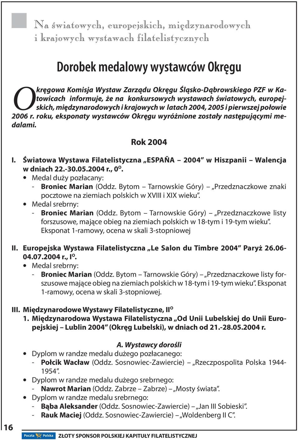roku, eksponaty wystawców Okręgu wyróżnione zostały następującymi medalami. Rok 2004 I. Światowa Wystawa Filatelistyczna ESPAÑA 2004 w Hiszpanii Walencja w dniach 22.-30.05.2004 r., 0 O.