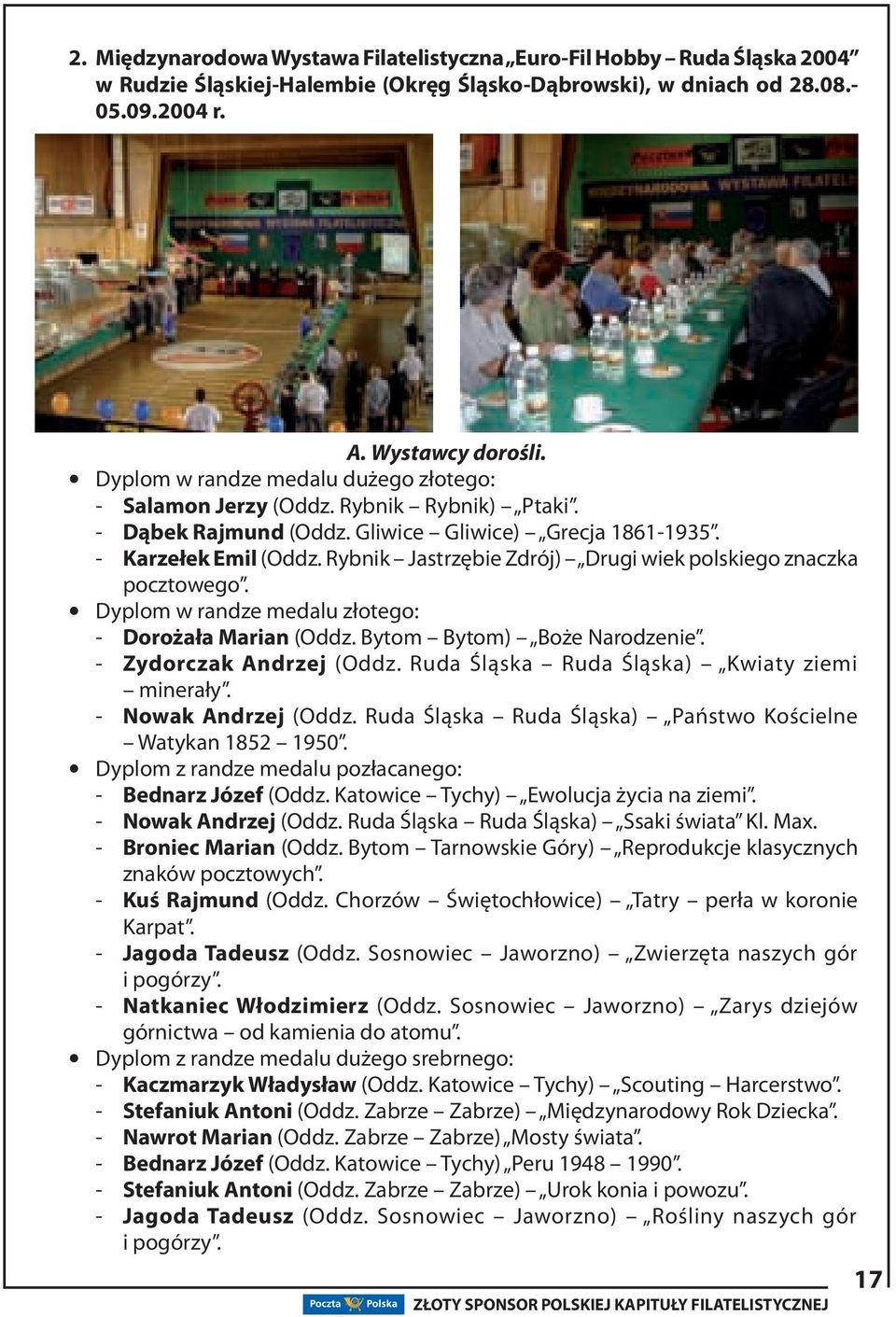 Rybnik Jastrzębie Zdrój) Drugi wiek polskiego znaczka pocztowego. Dyplom w randze medalu złotego: - Dorożała Marian (Oddz. Bytom Bytom) Boże Narodzenie. - Zydorczak Andrzej (Oddz.