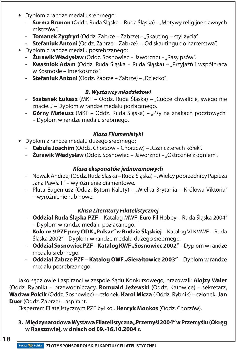 Ruda Śląska Ruda Śląska) Przyjaźń i współpraca w Kosmosie Interkosmos. - Stefaniuk Antoni (Oddz. Zabrze Zabrze) Dziecko. B. Wystawcy młodzieżowi - Szatanek Łukasz (MKF Oddz.