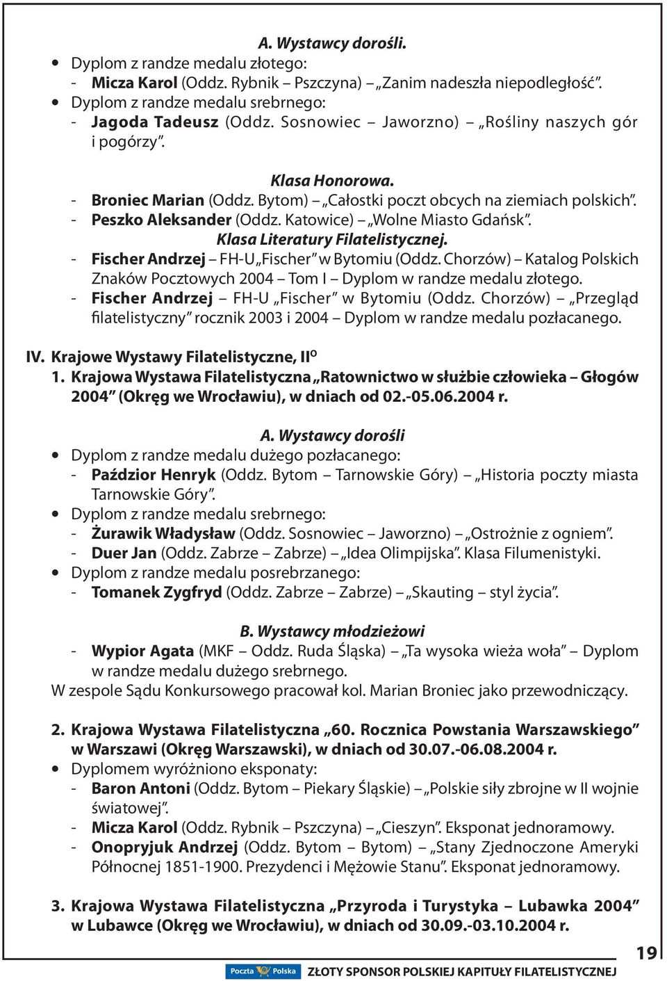 Klasa Literatury Filatelistycznej. - Fischer Andrzej FH-U Fischer w Bytomiu (Oddz. Chorzów) Katalog Polskich Znaków Pocztowych 2004 Tom I Dyplom w randze medalu złotego.