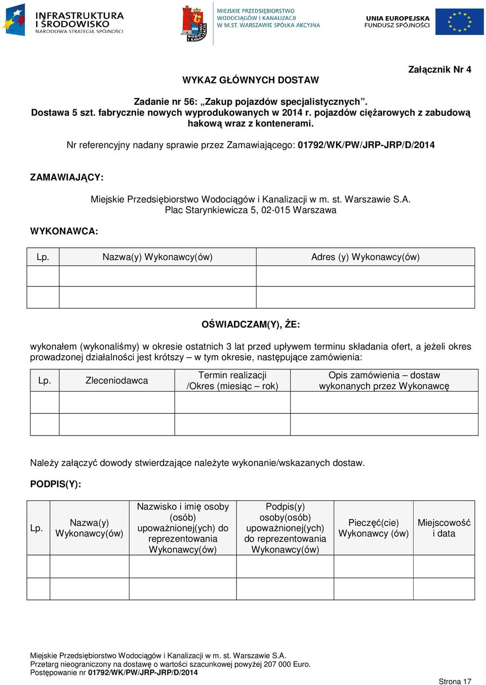 Nr referencyjny nadany sprawie przez Zamawiającego: 01792/WK/PW/JRP-JRP/D/2014 ZAMAWIAJĄCY: WYKONAWCA: Plac Starynkiewicza 5, 02-015 Warszawa Lp.