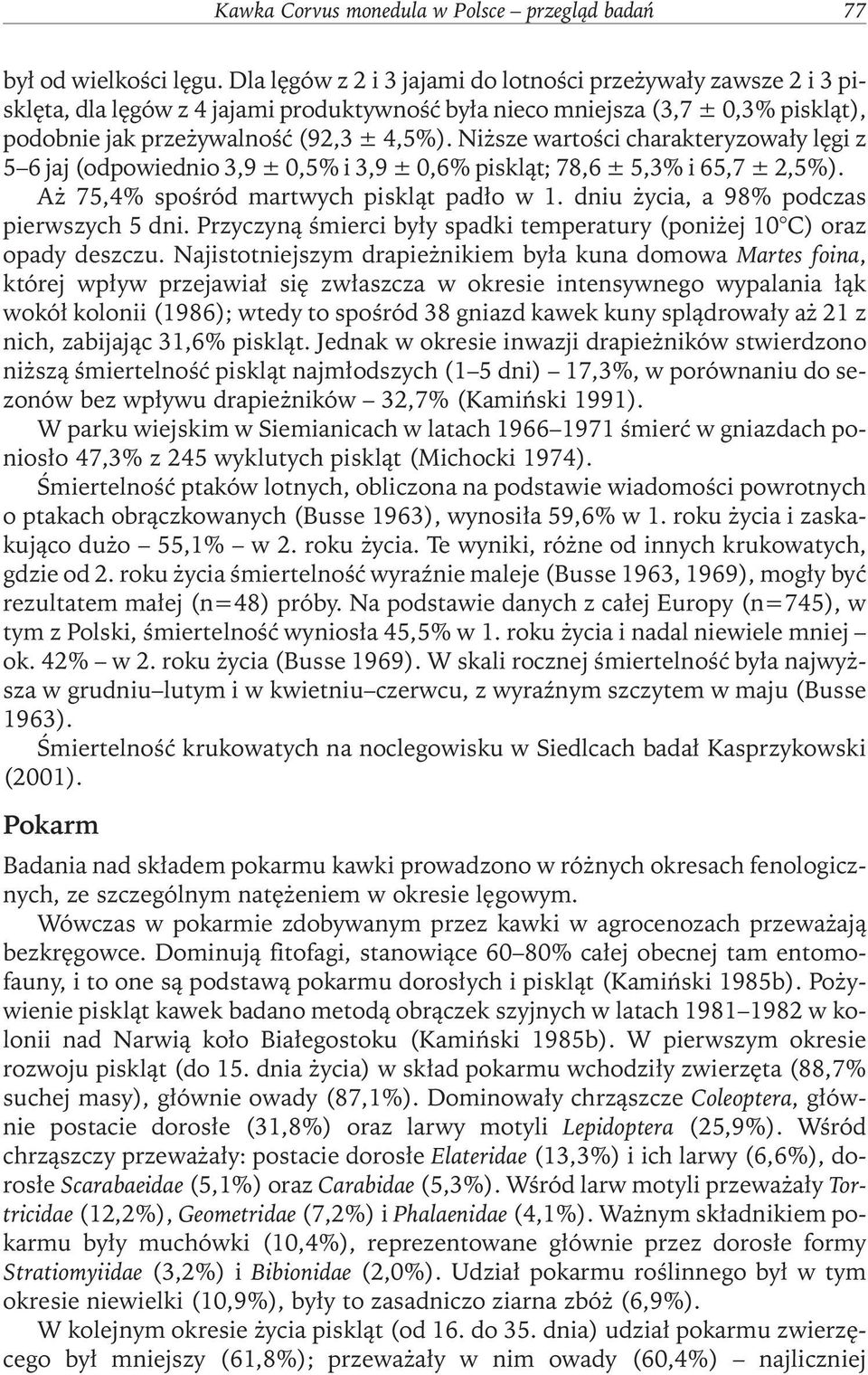 Niższe wartości charakteryzowały lęgi z 5 6 jaj (odpowiednio 3,9 ± 0,5% i 3,9 ± 0,6% piskląt; 78,6 ± 5,3% i 65,7 ± 2,5%). Aż 75,4% spośród martwych piskląt padło w 1.