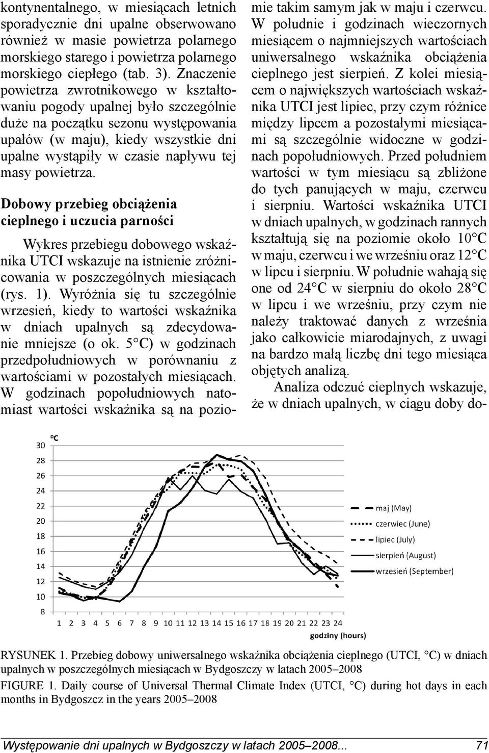 powietrza. Dobowy przebieg obciążenia cieplnego i uczucia parności Wykres przebiegu dobowego wskaźnika UTCI wskazuje na istnienie zróżnicowania w poszczególnych miesiącach (rys. 1).