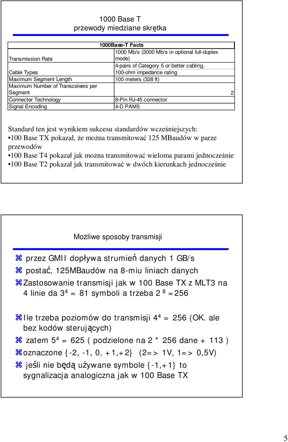 standardów wcześniejszych: 100 Base TX pokazał, że można transmitować 125 MBaudów w parze przewodów 100 Base T4 pokazał jak można transmitować wieloma parami jednocześnie 100 Base T2 pokazał jak