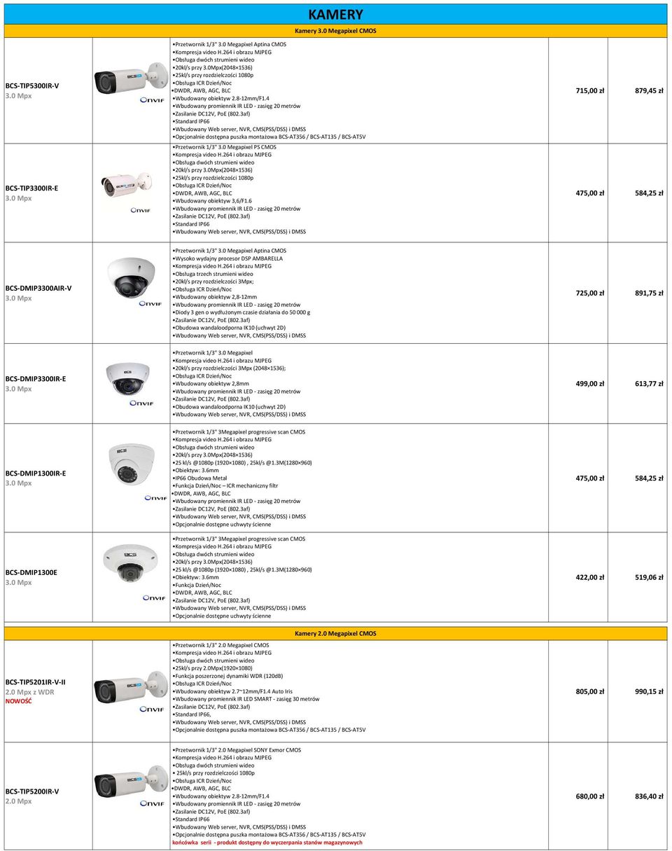 0 Megapixel 20kl/s przy rozdzielczości 3Mpx (2048 1536); Wbudowany obiektyw 2,8mm 499,00 zł 613,77 zł BCS-DMIP1300IR-E BCS-DMIP1300E Funkcja Dzień/Noc 422,00 zł 519,06 zł BCS-TIP5201IR-V-II z WDR