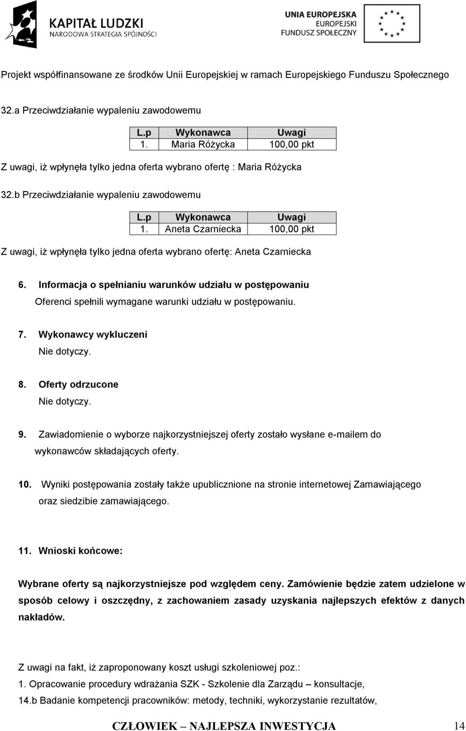 Wykonawcy wykluczeni Nie dotyczy. 8. Oferty odrzucone Nie dotyczy. 9. Zawiadomienie o wyborze najkorzystniejszej oferty zostało wysłane e-mailem do wykonawców składających oferty. 10.