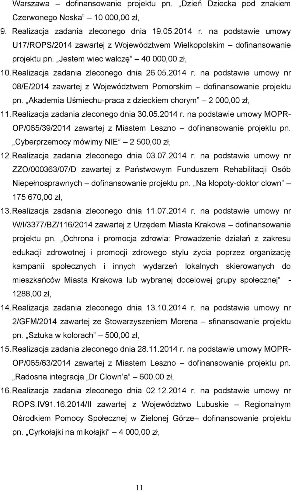 na podstawie umowy nr 08/E/2014 zawartej z Województwem Pomorskim dofinansowanie projektu pn. Akademia Uśmiechu-praca z dzieckiem chorym 2 000,00 zł, 11. Realizacja zadania zleconego dnia 30.05.